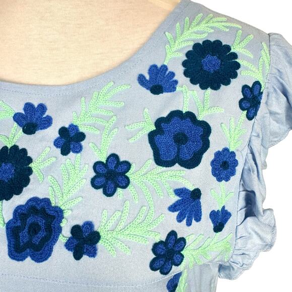 Gaby & Gracie NWT Blue Flower Embroidered Ruffle Sleeve Tiered Midi Shift Dress - Picture 4 of 8